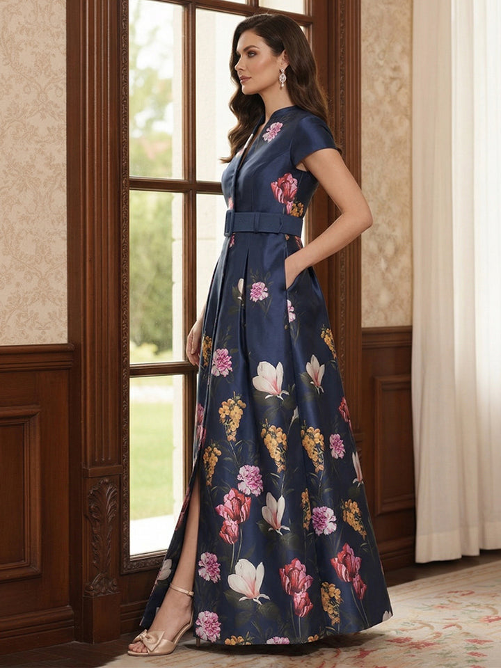 A-Line/Princess Short Sleeves V Neck Floor-Length Mother of the Bride Dresses with Pocket &amp; Split Side