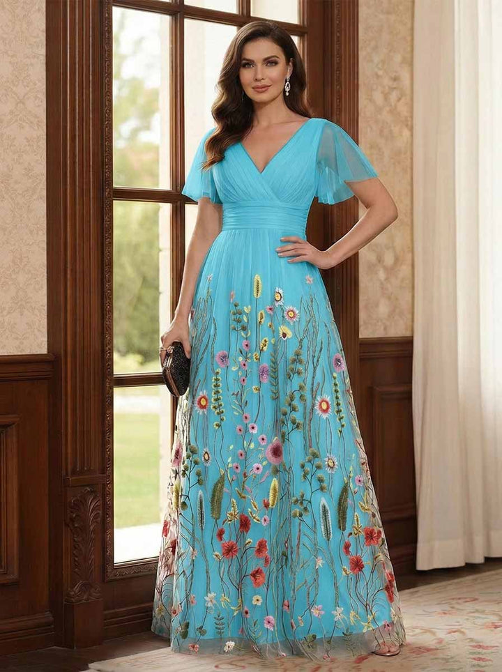 A-Line/Princess V-Neck Short Sleeves Floor-Length Mother of the Bride Dresses with Appliques