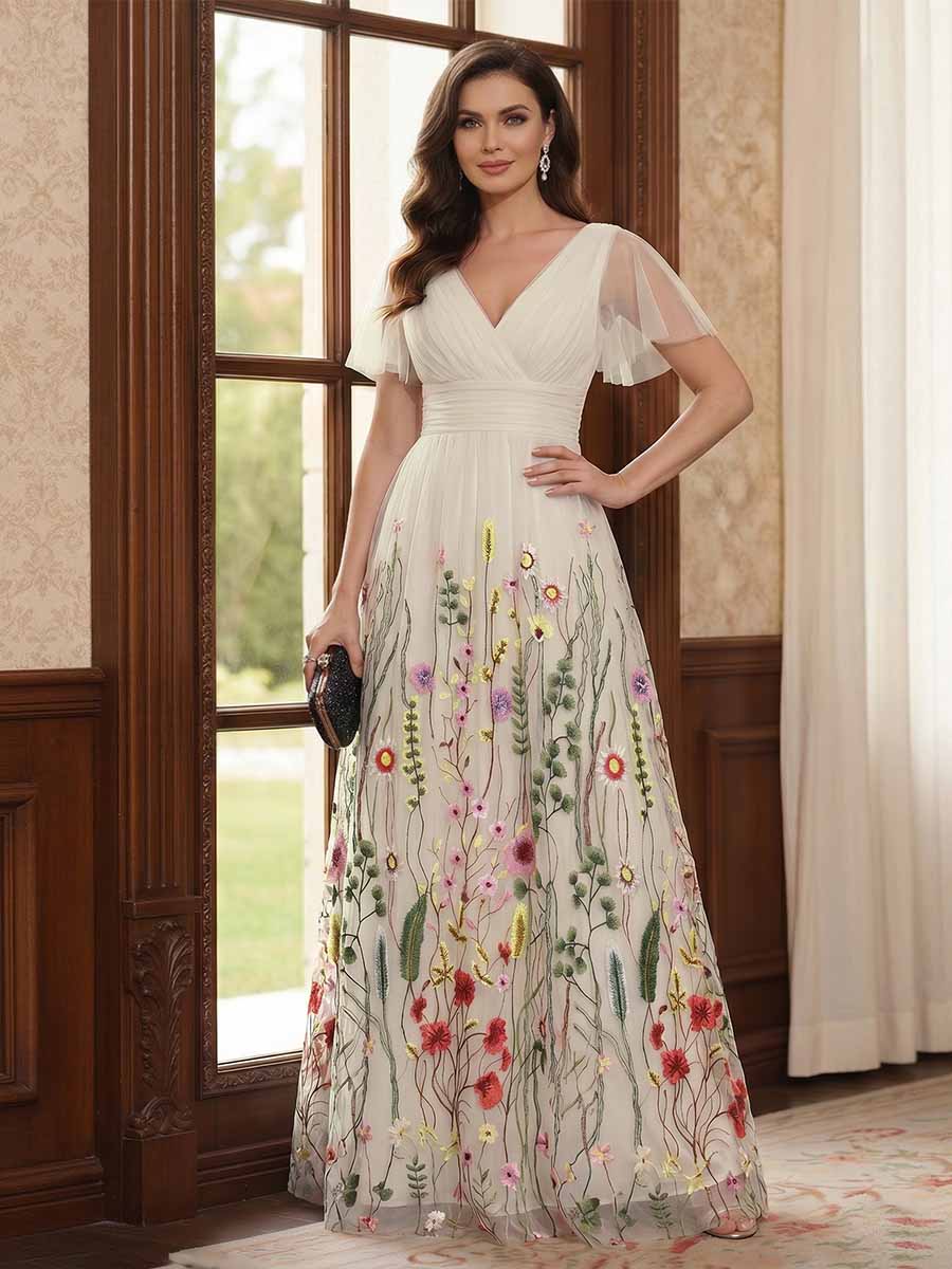 A-Line/Princess V-Neck Short Sleeves Floor-Length Mother of the Bride Dresses with Appliques