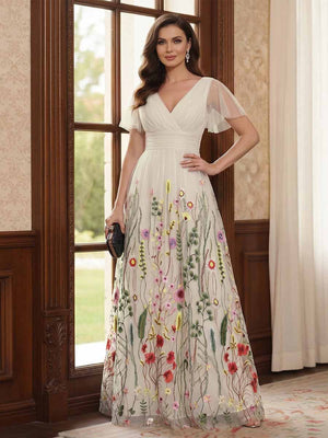 A-Line/Princess V-Neck Short Sleeves Floor-Length Mother of the Bride Dresses with Appliques