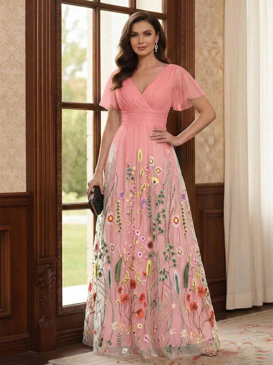 A-Line/Princess V-Neck Short Sleeves Floor-Length Mother of the Bride Dresses with Appliques