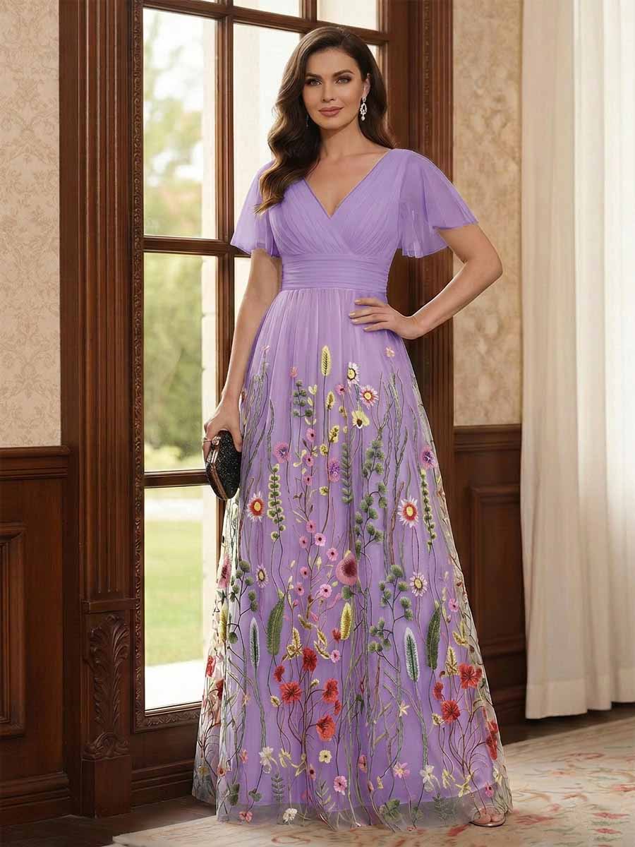 A-Line/Princess V-Neck Short Sleeves Floor-Length Mother of the Bride Dresses with Appliques