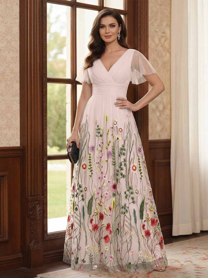 A-Line/Princess V-Neck Short Sleeves Floor-Length Mother of the Bride Dresses with Appliques
