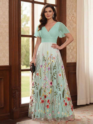 A-Line/Princess V-Neck Short Sleeves Floor-Length Mother of the Bride Dresses with Appliques
