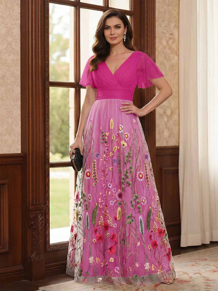 A-Line/Princess V-Neck Short Sleeves Floor-Length Mother of the Bride Dresses with Appliques