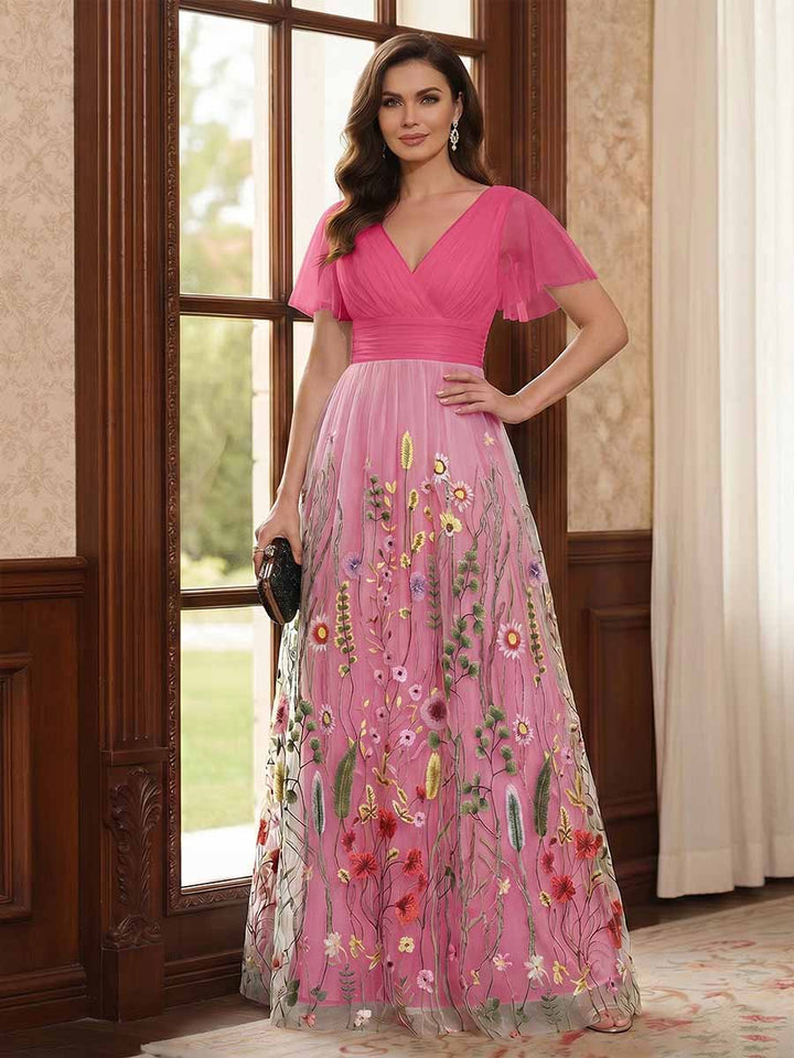 A-Line/Princess V-Neck Short Sleeves Floor-Length Mother of the Bride Dresses with Appliques
