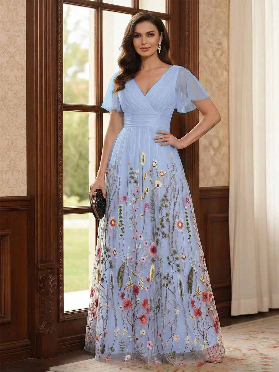 A-Line/Princess V-Neck Short Sleeves Floor-Length Mother of the Bride Dresses with Appliques