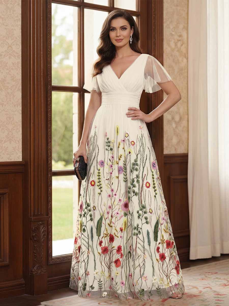 A-Line/Princess V-Neck Short Sleeves Floor-Length Mother of the Bride Dresses with Appliques