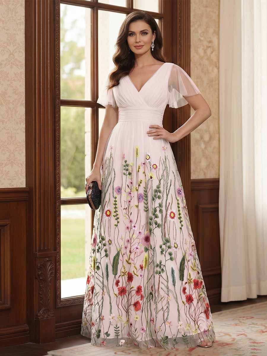 A-Line/Princess V-Neck Short Sleeves Floor-Length Mother of the Bride Dresses with Appliques