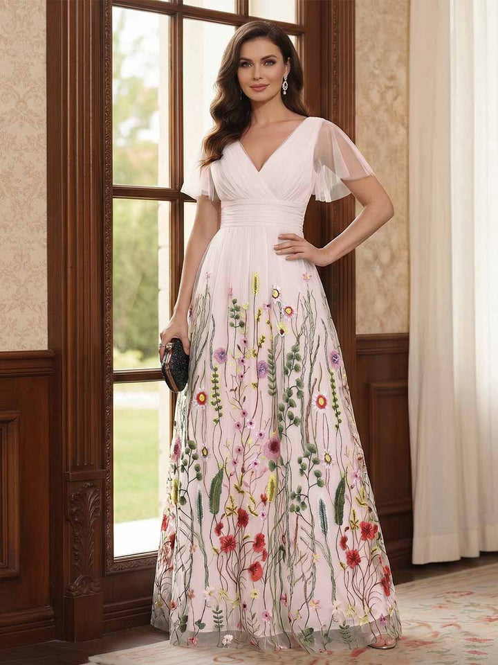 A-Line/Princess V-Neck Short Sleeves Floor-Length Mother of the Bride Dresses with Appliques