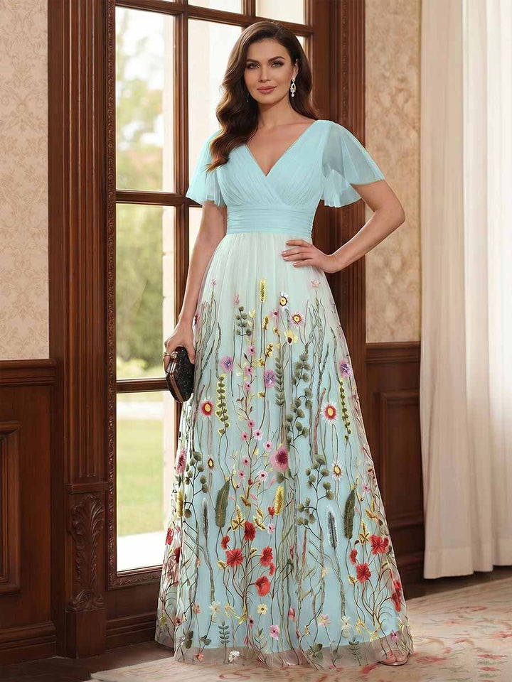 A-Line/Princess V-Neck Short Sleeves Floor-Length Mother of the Bride Dresses with Appliques