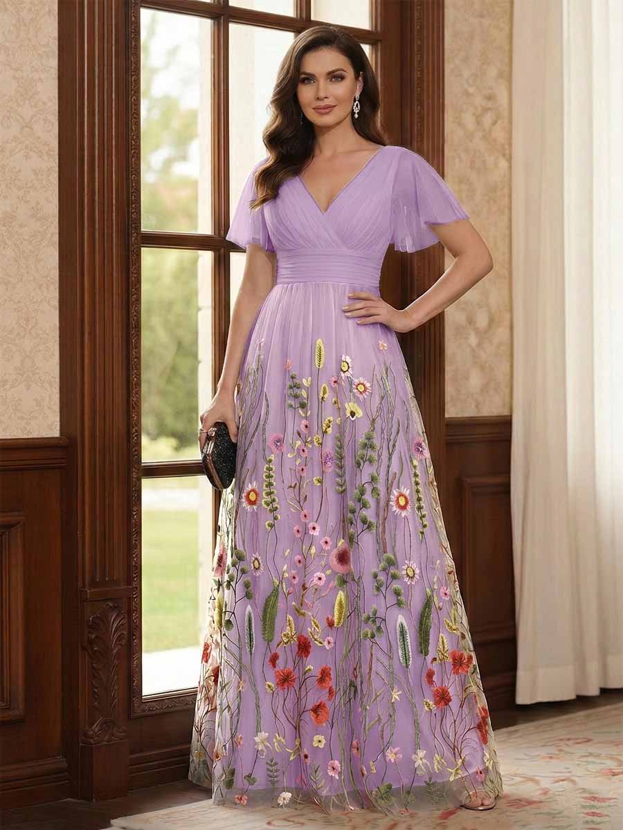 A-Line/Princess V-Neck Short Sleeves Floor-Length Mother of the Bride Dresses with Appliques