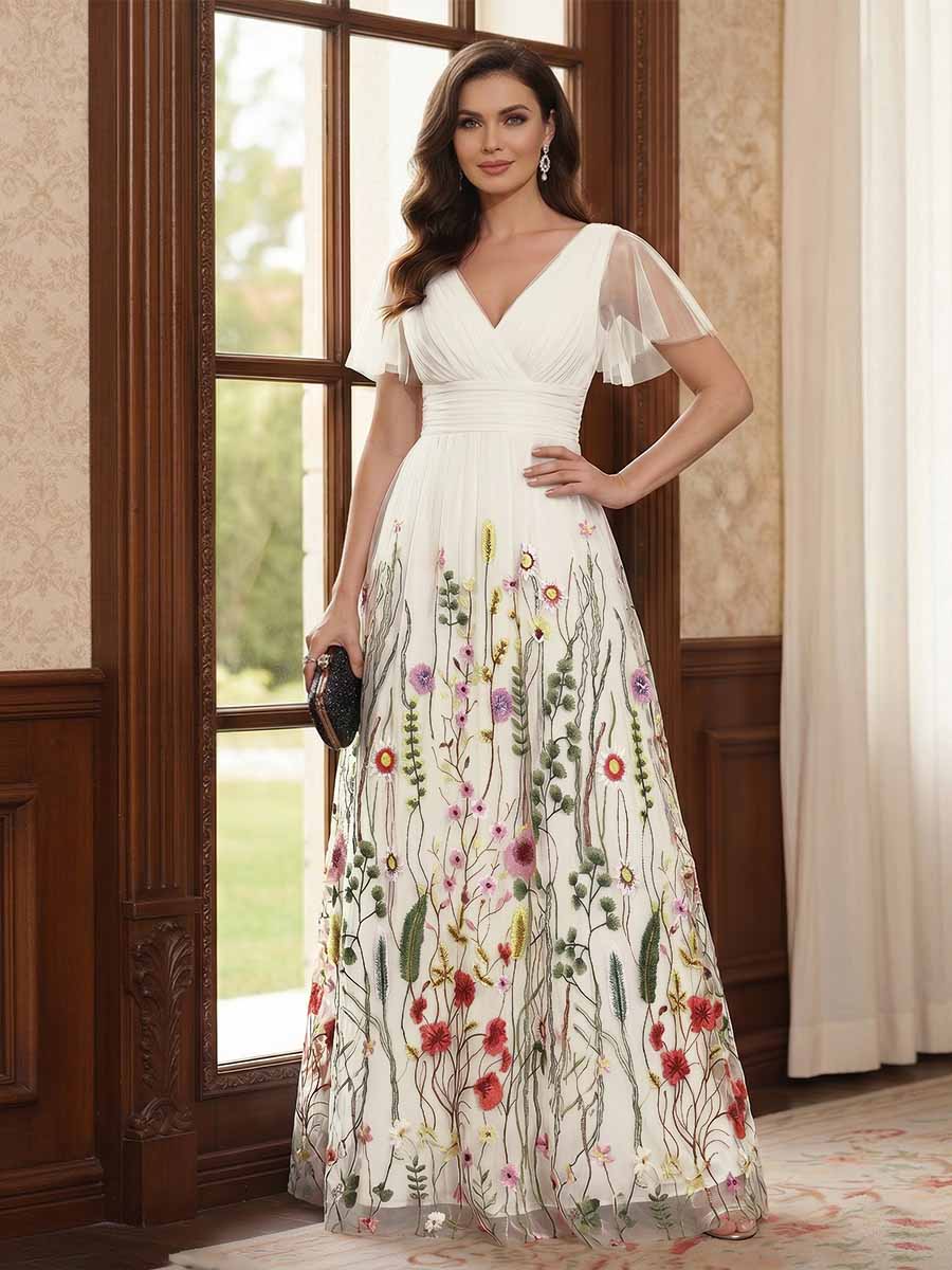 A-Line/Princess V-Neck Short Sleeves Floor-Length Mother of the Bride Dresses with Appliques