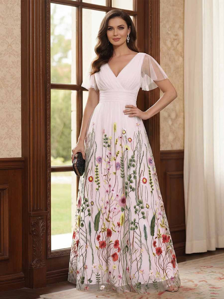 A-Line/Princess V-Neck Short Sleeves Floor-Length Mother of the Bride Dresses with Appliques