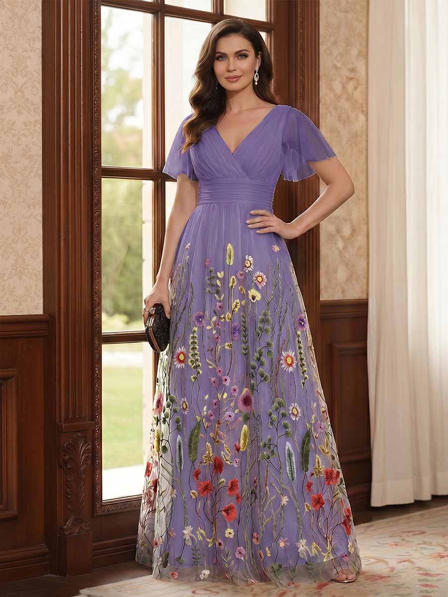 A-Line/Princess V-Neck Short Sleeves Floor-Length Mother of the Bride Dresses with Appliques