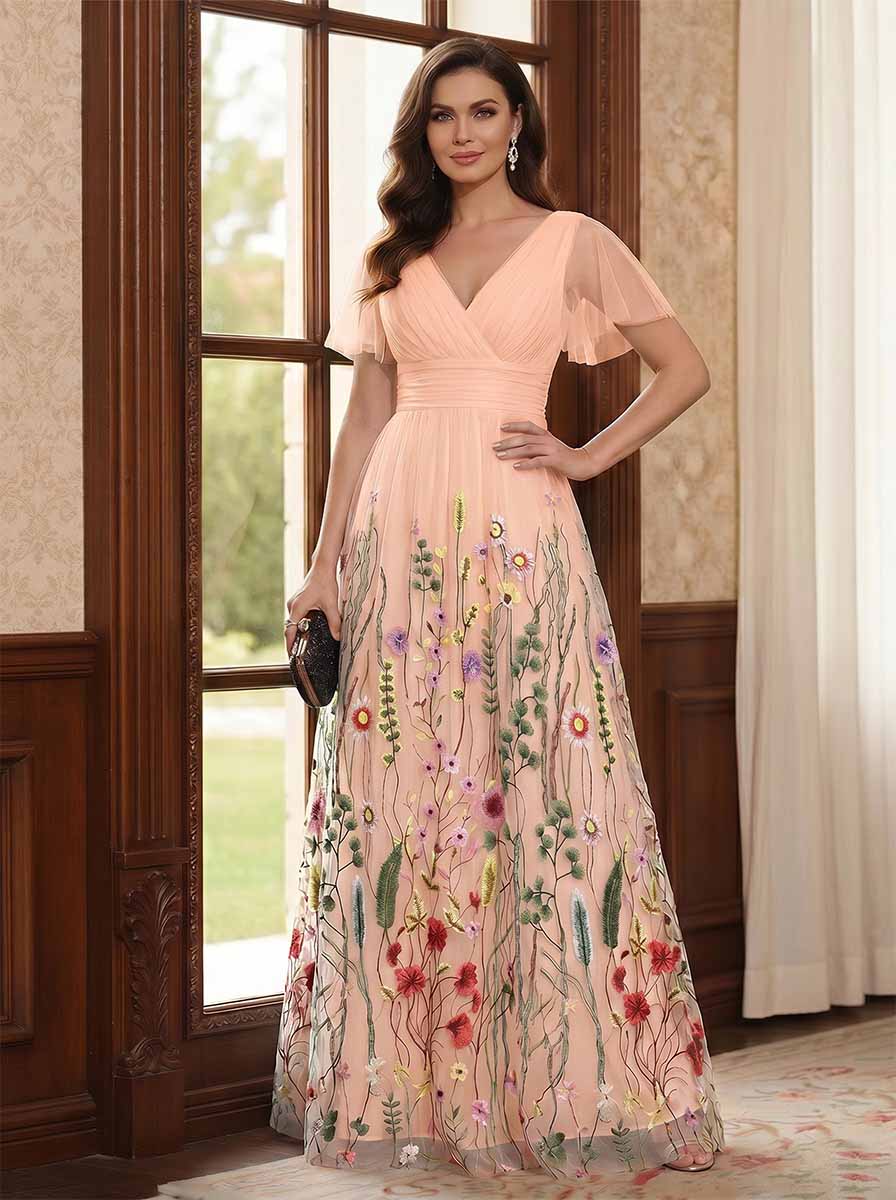 A-Line/Princess V-Neck Short Sleeves Floor-Length Mother of the Bride Dresses with Appliques