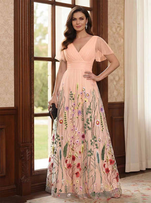 A-Line/Princess V-Neck Short Sleeves Floor-Length Mother of the Bride Dresses with Appliques