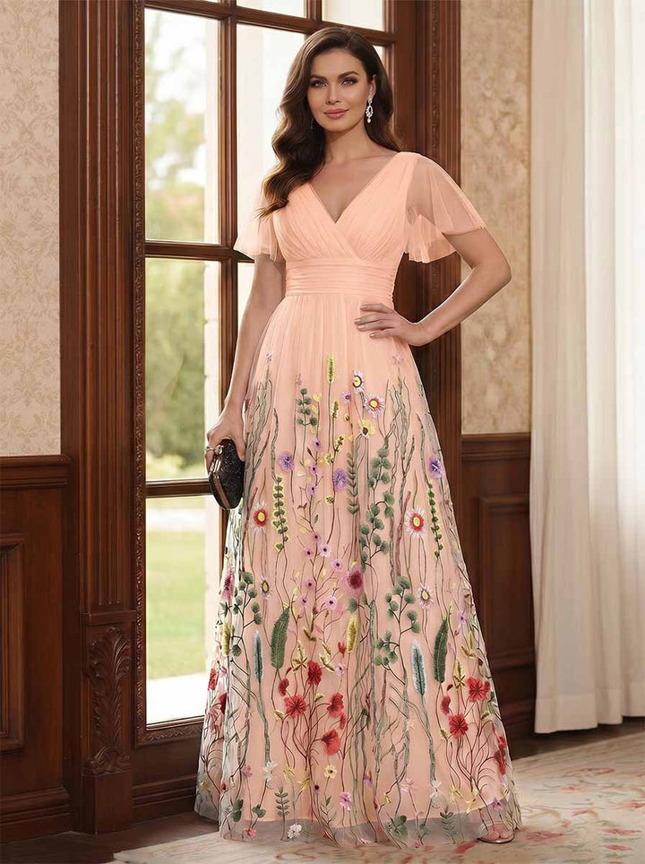 A-Line/Princess V-Neck Short Sleeves Floor-Length Mother of the Bride Dresses with Appliques