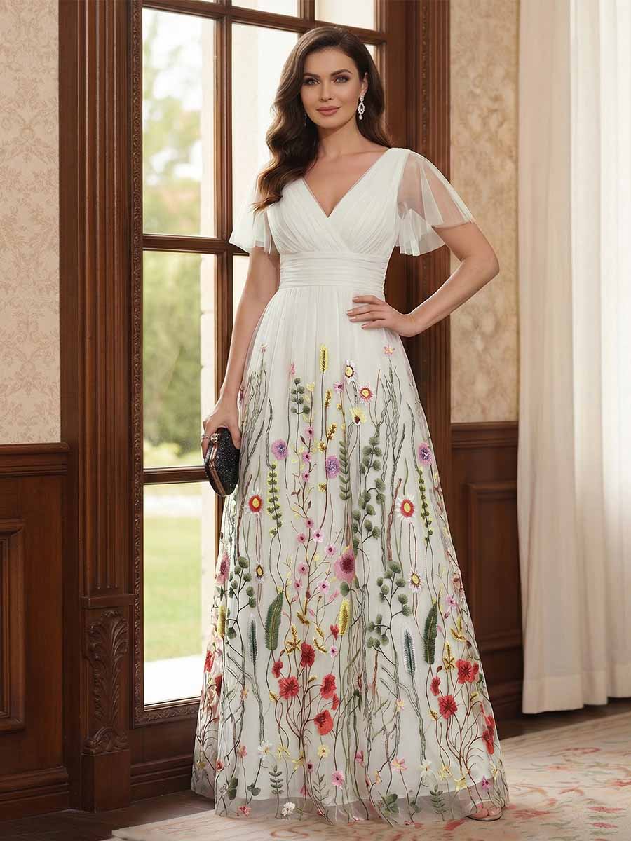 A-Line/Princess V-Neck Short Sleeves Floor-Length Mother of the Bride Dresses with Appliques