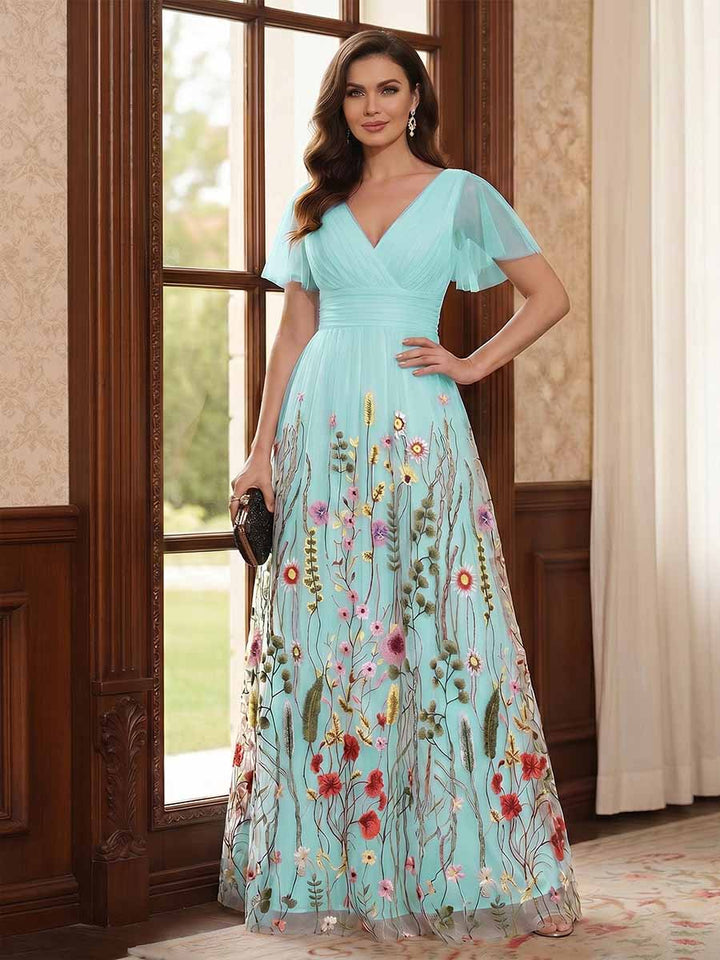 A-Line/Princess V-Neck Short Sleeves Floor-Length Mother of the Bride Dresses with Appliques