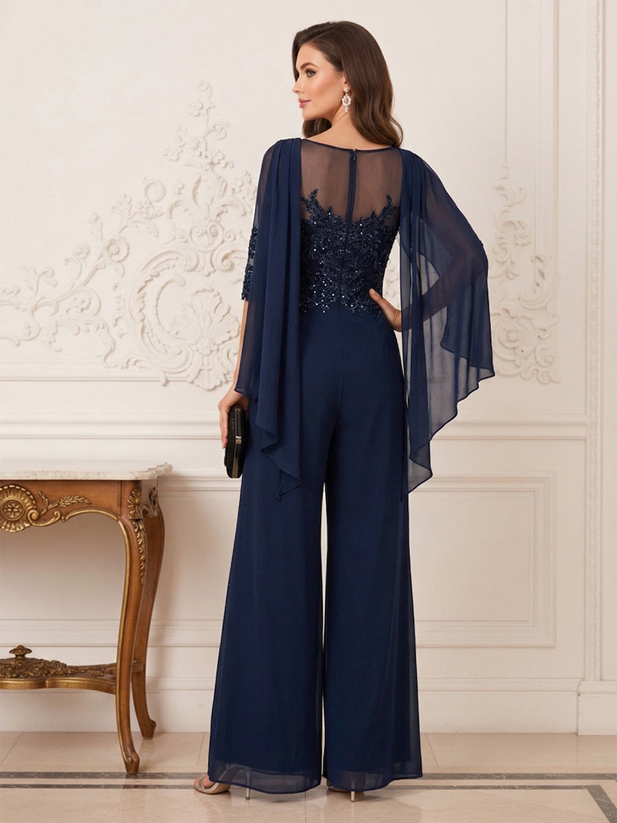 Jumpsuits Half Sleeves Cowl Neck Floor Length Mother of the Bride Dresses with Sequin &amp; Appliques