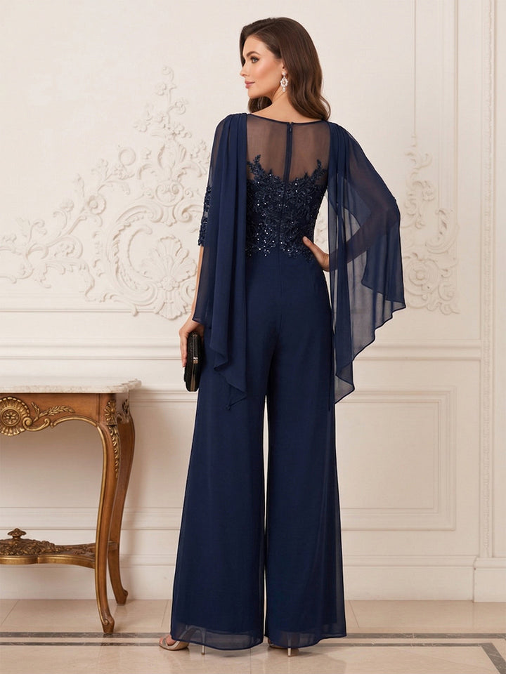 Jumpsuits Half Sleeves Cowl Neck Floor Length Mother of the Bride Dresses with Sequin &amp; Appliques