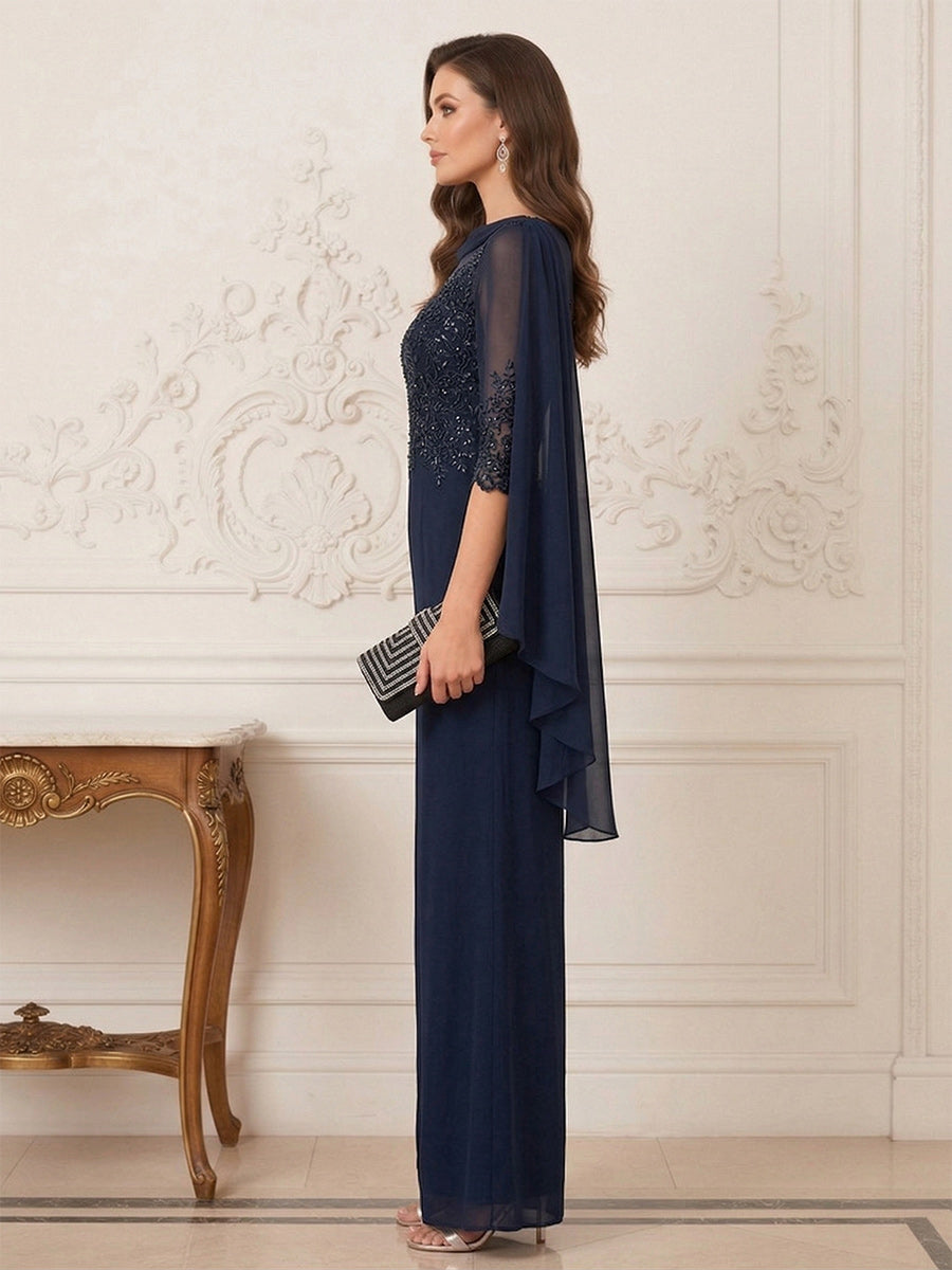 Jumpsuits Half Sleeves Cowl Neck Floor Length Mother of the Bride Dresses with Sequin &amp; Appliques