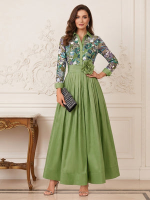 A-Line/Princess Shirt Collar Long Sleeves  Floor Length Mother of the Bride Dresses with Applique & 3D Floral