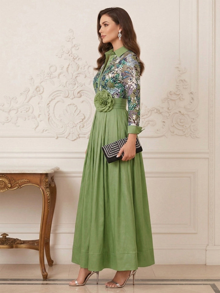 A-Line/Princess Shirt Collar Long Sleeves  Floor Length Mother of the Bride Dresses with Applique &amp; 3D Floral