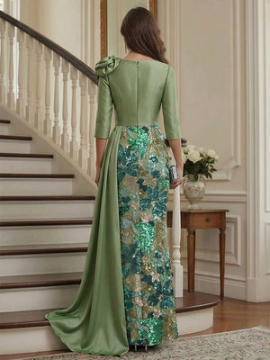 Sheath/Column 3/4 Sleeves V Neck Floor Length Mother of the Bride Dresses with Sequins & 3D Floral