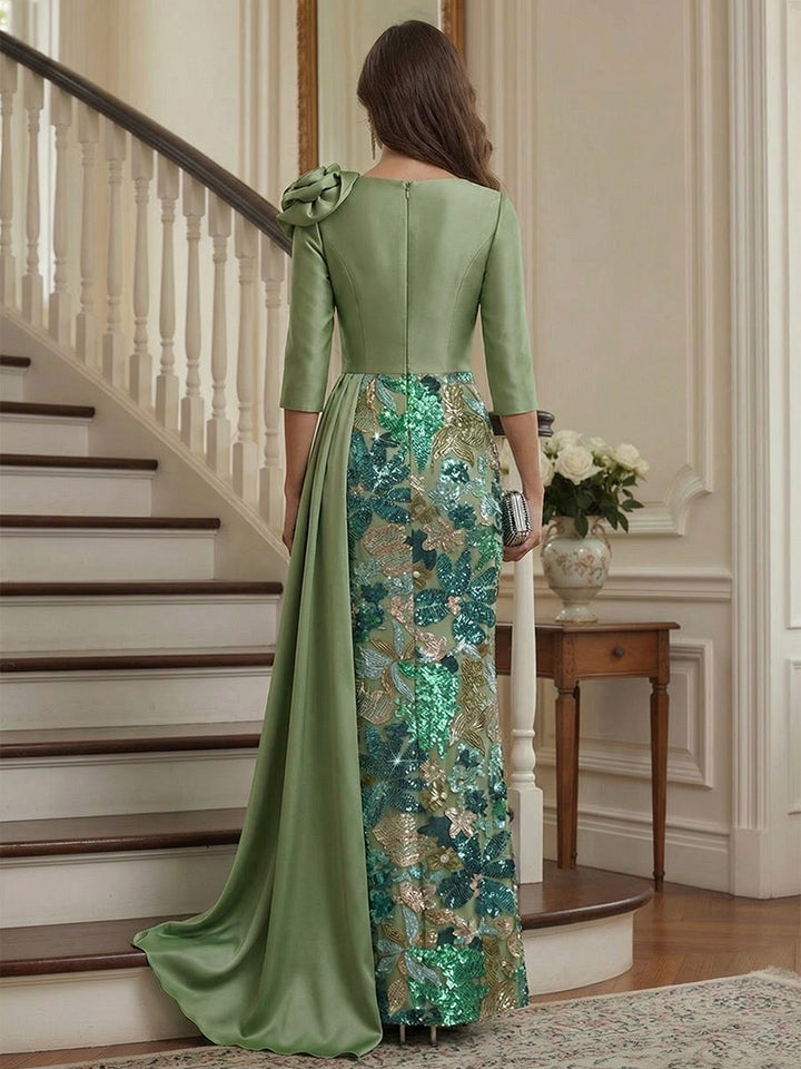 Sheath/Column 3/4 Sleeves V Neck Floor Length Mother of the Bride Dresses with Sequins &amp; 3D Floral