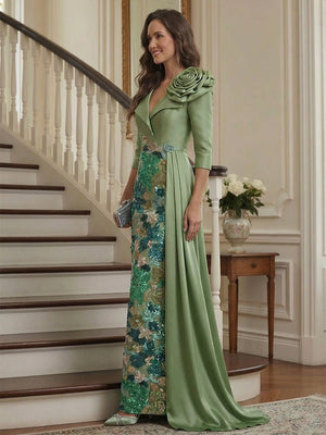 Sheath/Column 3/4 Sleeves V Neck Floor Length Mother of the Bride Dresses with Sequins & 3D Floral
