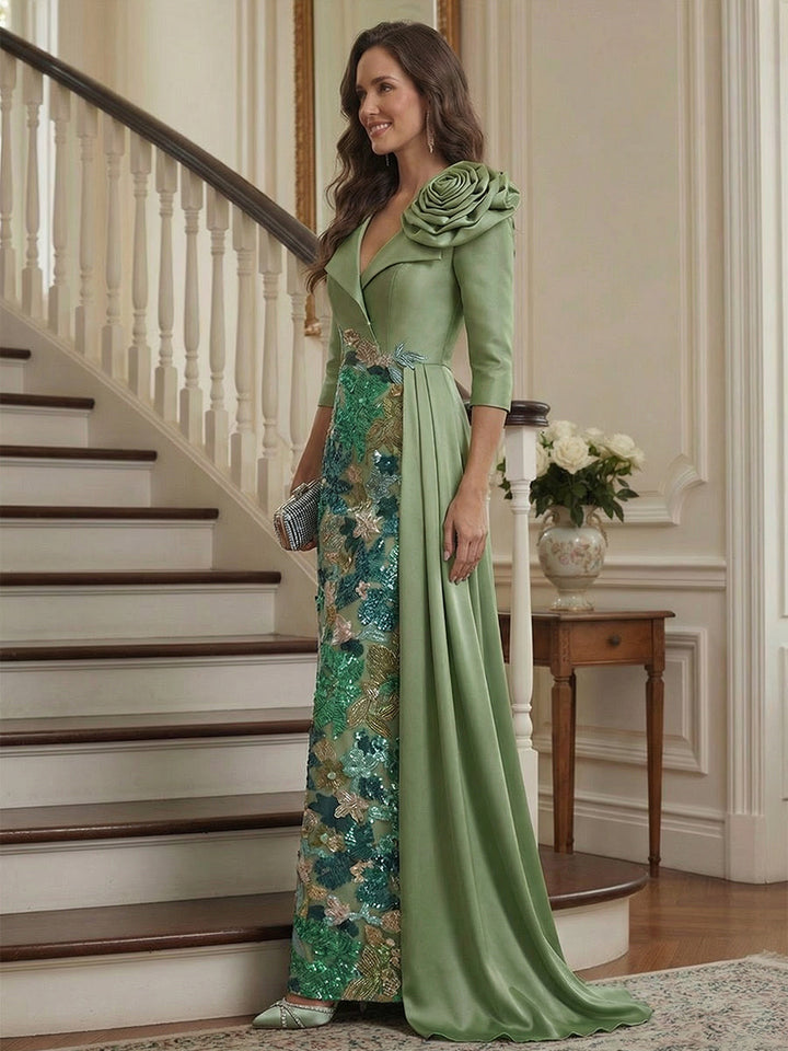 Sheath/Column 3/4 Sleeves V Neck Floor Length Mother of the Bride Dresses with Sequins &amp; 3D Floral