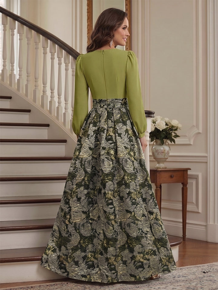A-Line/Princess V-Neck Long-Sleeves Floor Length Mother of the Bride Dresses with Split Side &amp; 3D Floral