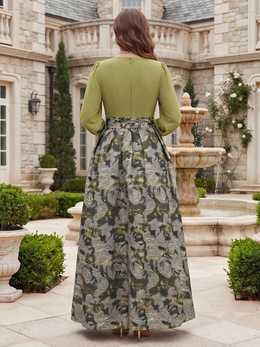 A-Line/Princess V-Neck Long-Sleeves Floor Length Plus Size Mother of the Bride Dresses with Split Side &amp; 3D Floral