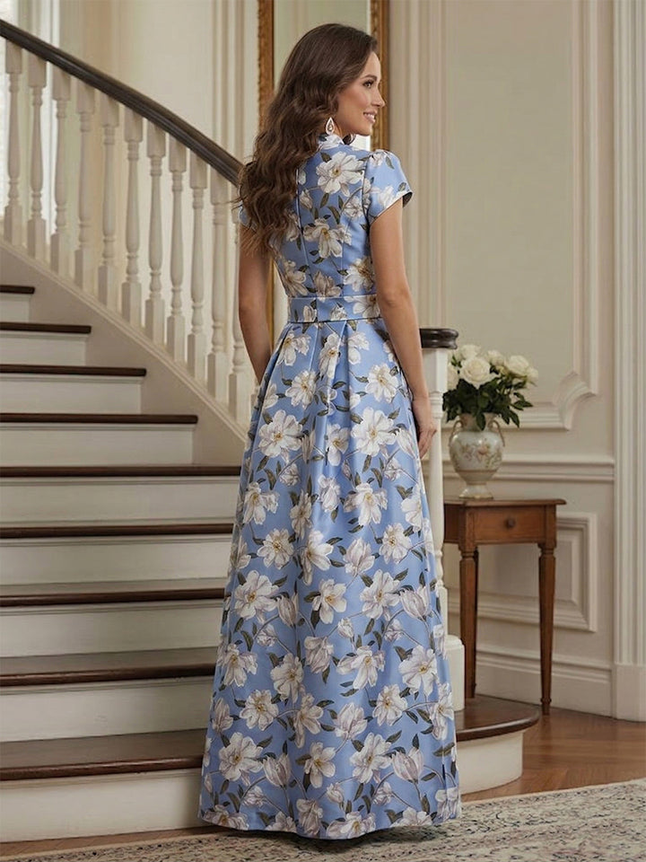 A-Line/Princess Cap Sleeves High Neck Floor Length Mother of the Bride Dresses with Belt