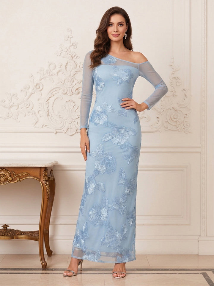 Sheath/Column One-Shoulder Sheer Long Sleeves Ankle-Length Mother of the Bride Dresses with Embroidery