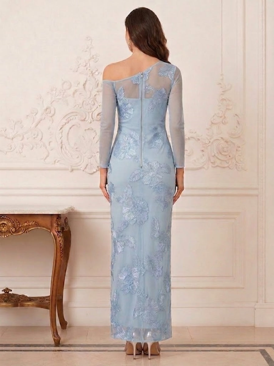 Sheath/Column One-Shoulder Sheer Long Sleeves Ankle-Length Mother of the Bride Dresses with Embroidery