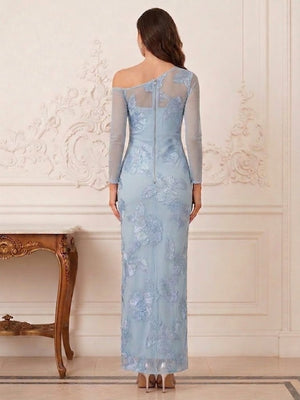 Sheath/Column One-Shoulder Sheer Long Sleeves Ankle-Length Mother of the Bride Dresses with Embroidery