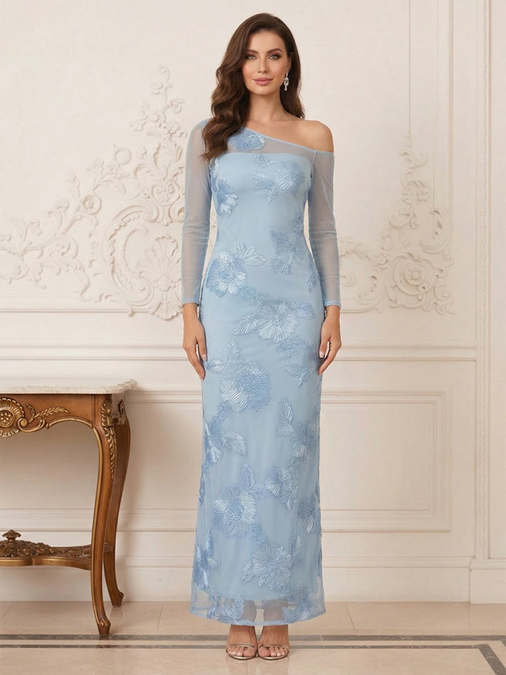 Sheath/Column One-Shoulder Sheer Long Sleeves Ankle-Length Mother of the Bride Dresses with Embroidery