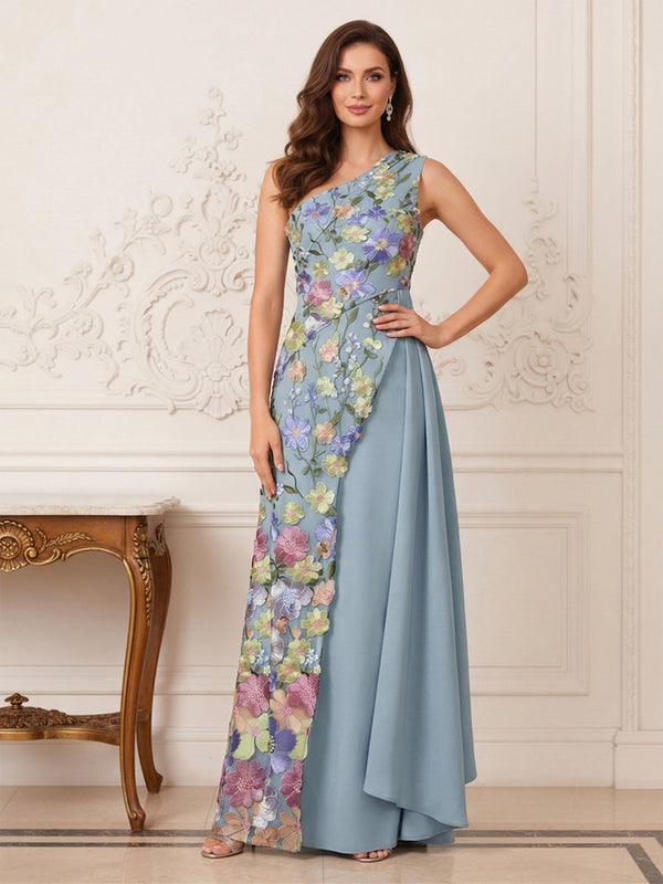 Sheath/Column Sleeveless One Shoulder Floor Length Mother of the Bride Dresses with Ruffles & Embroidery