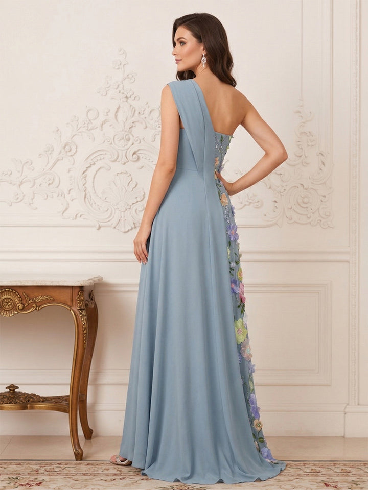 Sheath/Column Sleeveless One Shoulder Floor Length Mother of the Bride Dresses with Ruffles &amp; Embroidery