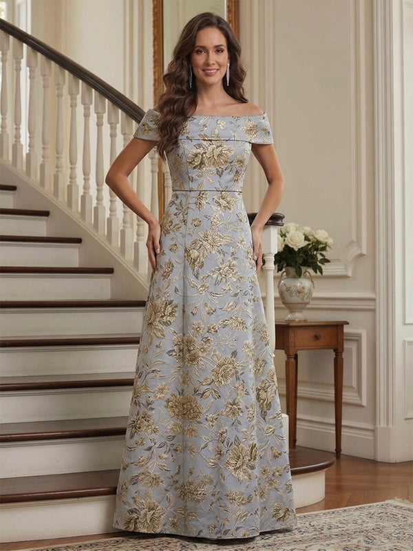 A-Line/Princess Short Sleeves Off-the-Shoulder Floor Length Mother of the Bride Dresses with Print