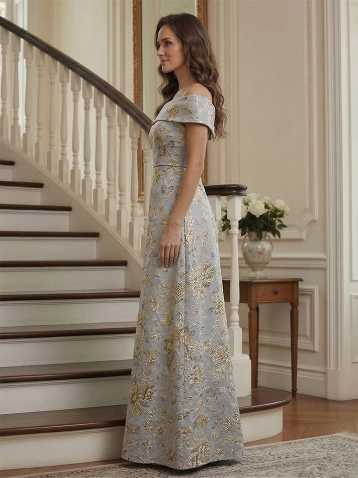 A-Line/Princess Short Sleeves Off-the-Shoulder Floor Length Mother of the Bride Dresses with Print