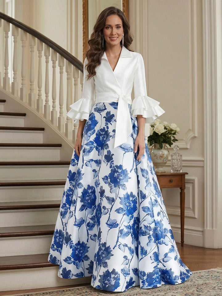 A-Line/Princess V-Neck 3/4 Sleeves Floor Length Mother of the Bride Dresses with Ruffles