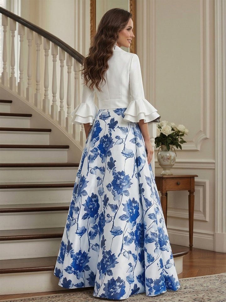 A-Line/Princess V-Neck 3/4 Sleeves Floor Length Mother of the Bride Dresses with Ruffles
