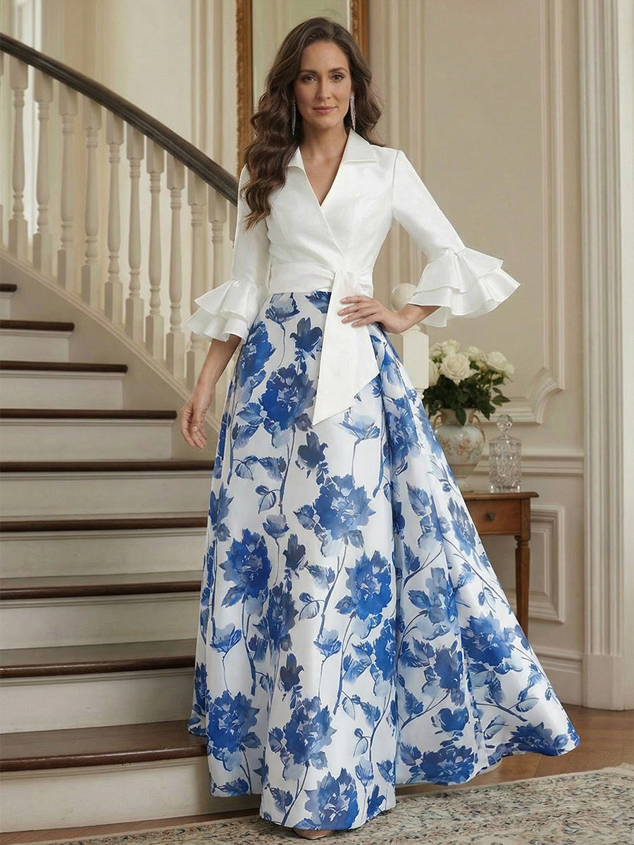 A-Line/Princess V-Neck 3/4 Sleeves Floor Length Mother of the Bride Dresses with Ruffles