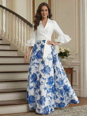 A-Line/Princess V-Neck 3/4 Sleeves Floor Length Mother of the Bride Dresses with Ruffles
