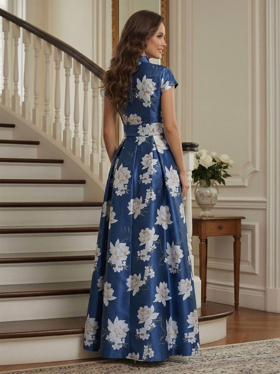 A-Line/Princess V-Neck Short Sleeves Ankle-Length Mother of the Bride Dresses with Belt