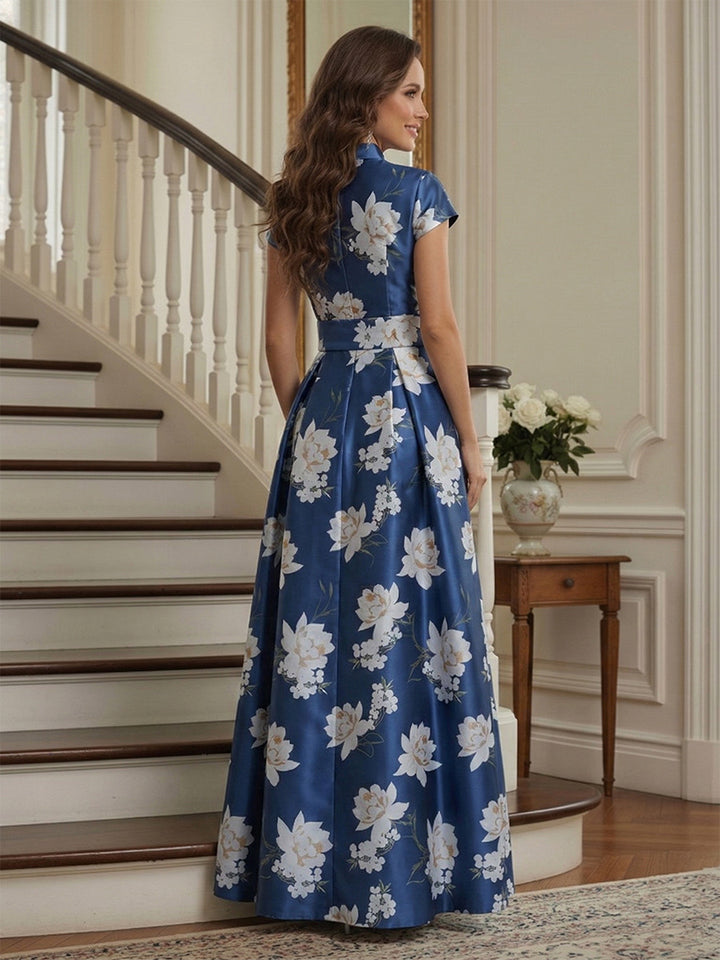 A-Line/Princess V-Neck Short Sleeves Ankle-Length Mother of the Bride Dresses with Belt